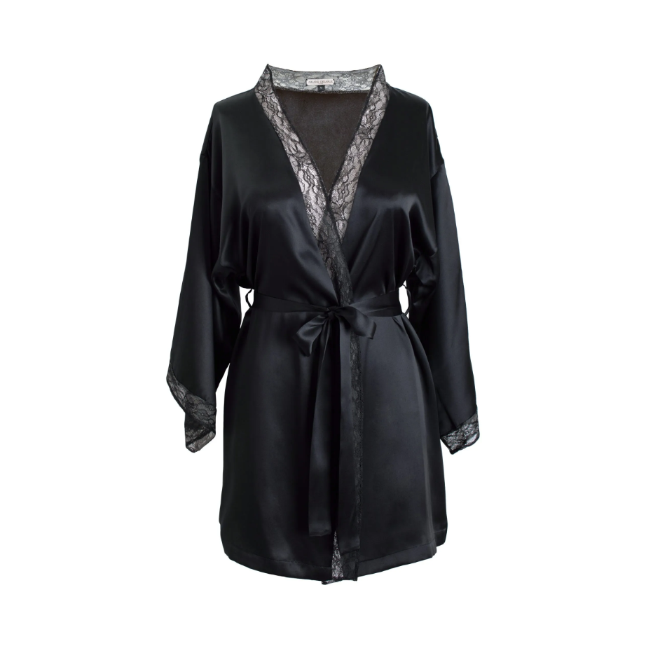 Kimono in black satin silk with chantilly lace
