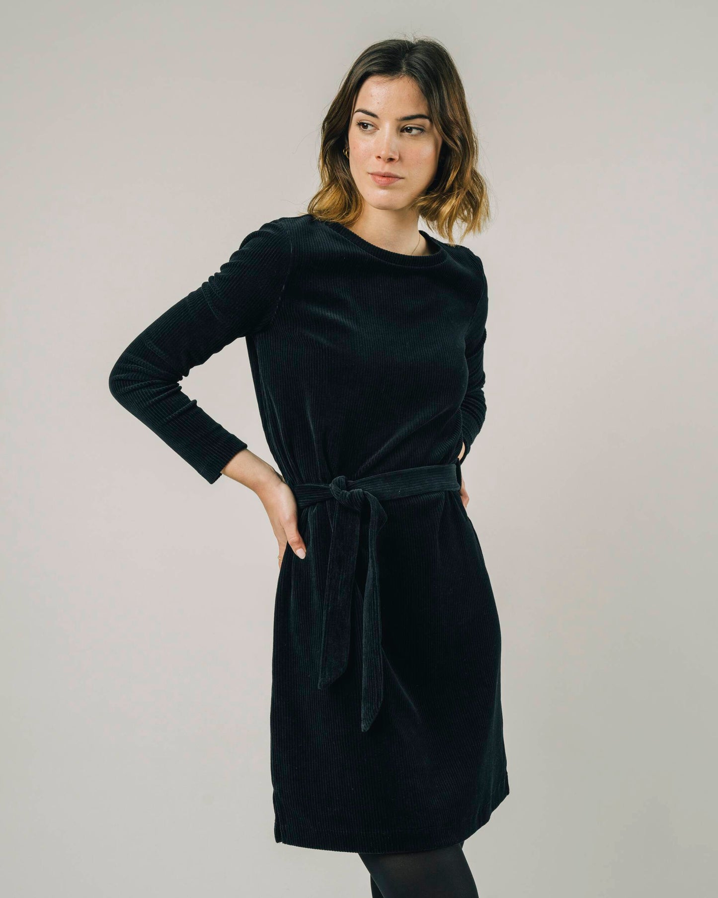 Corduroy Belted Dress Black