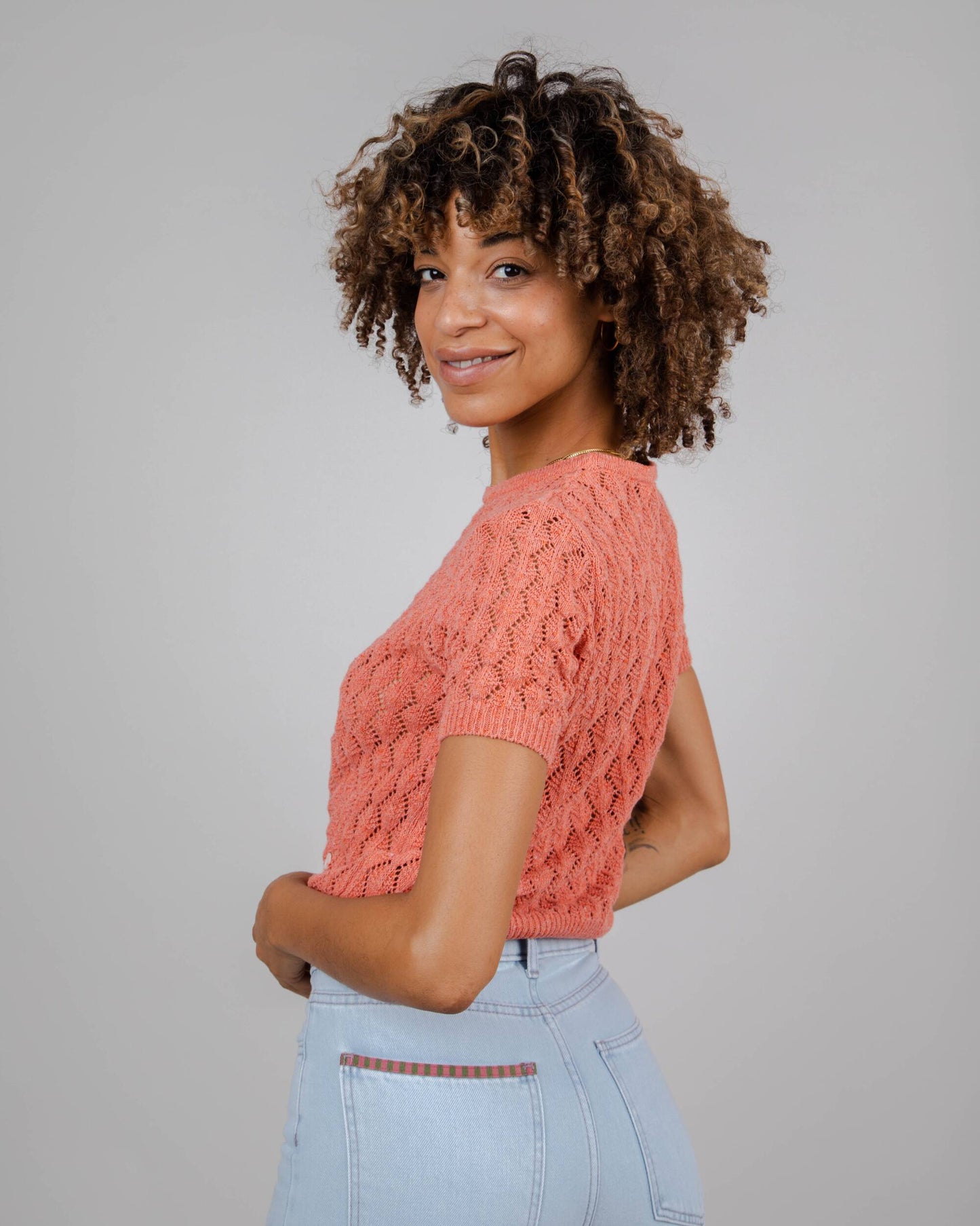 Lace Short Sleeve Sweater Grapefruit