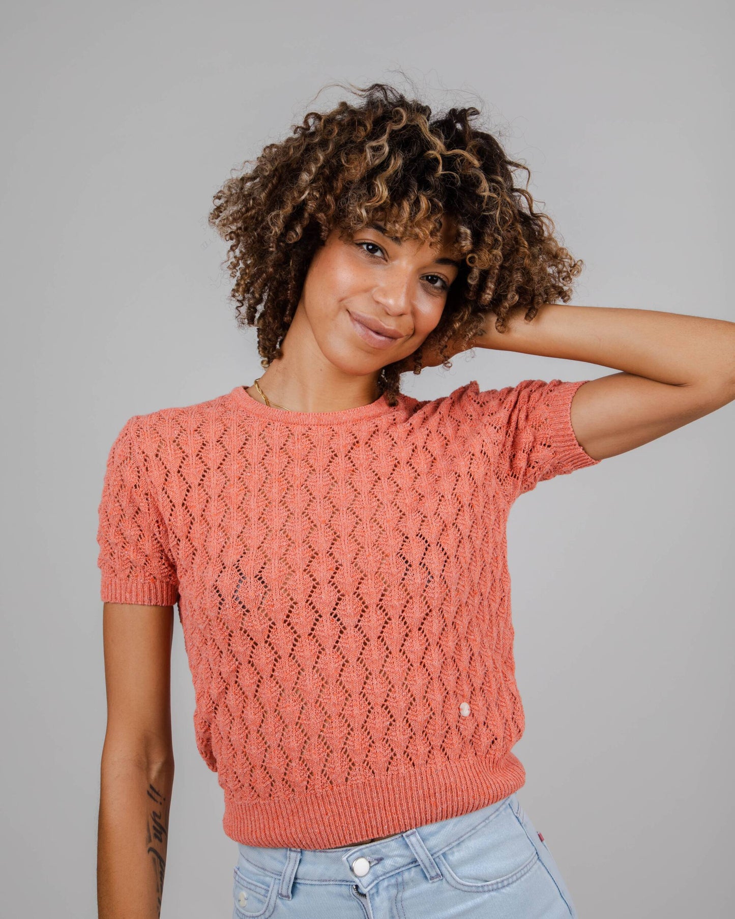 Lace Short Sleeve Sweater Grapefruit