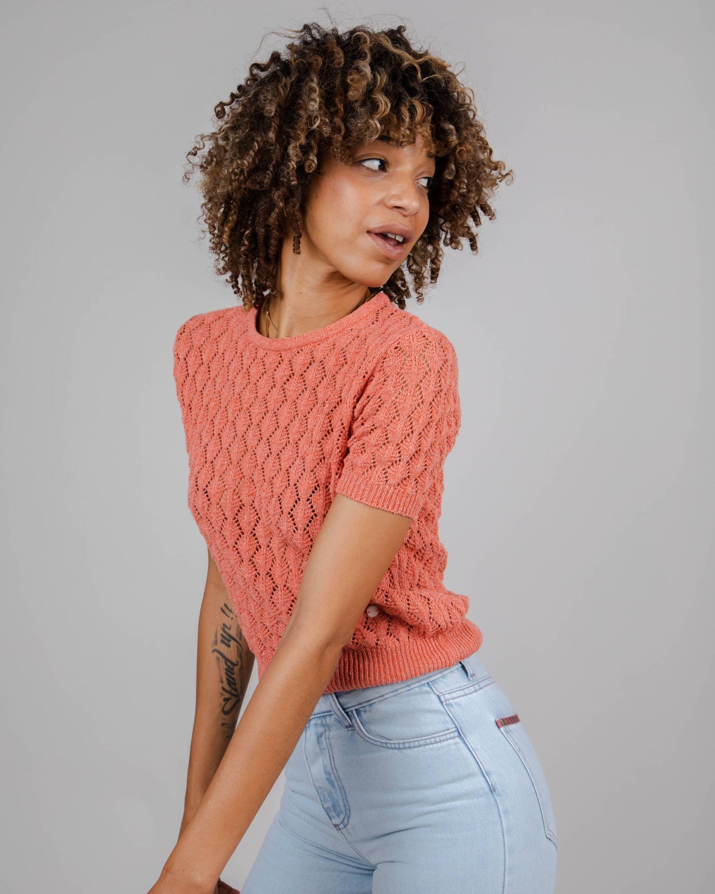 Lace Short Sleeve Sweater Grapefruit