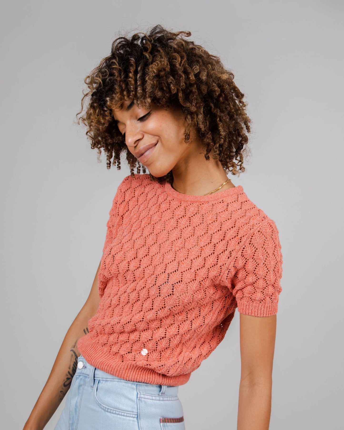 Lace Short Sleeve Sweater Grapefruit