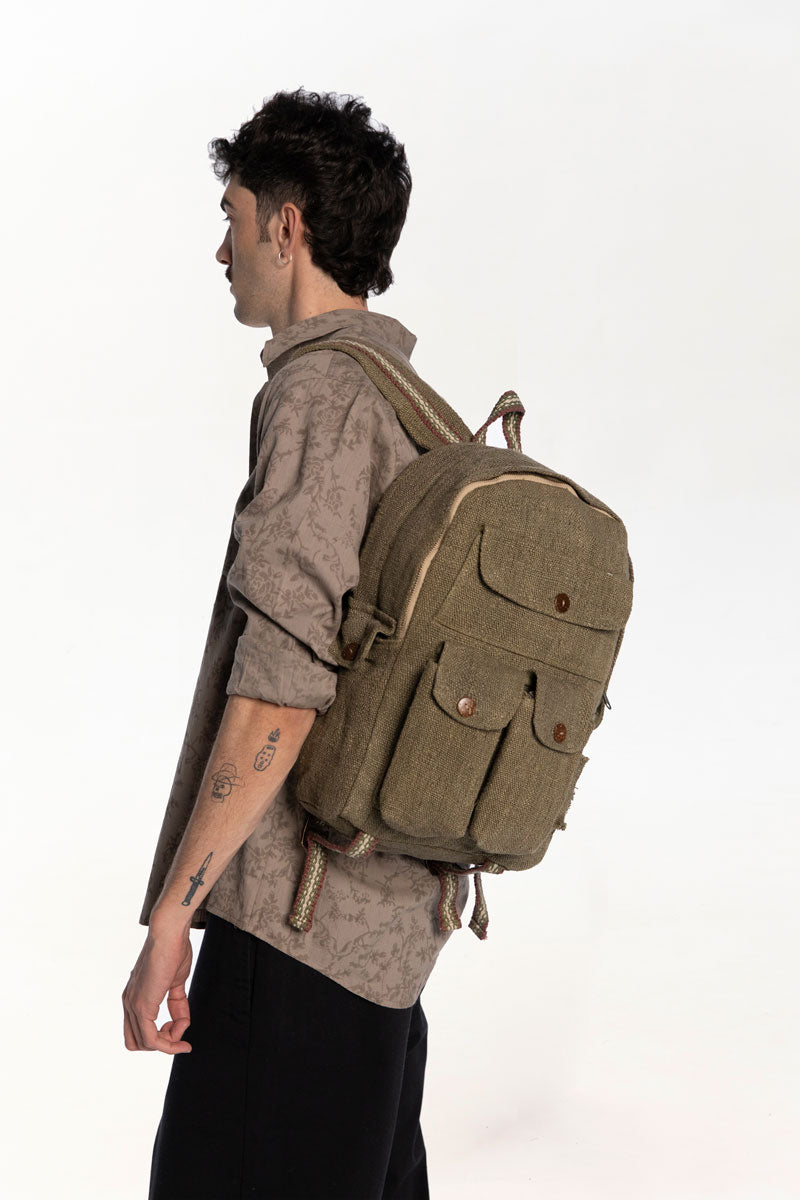 Khaki Multi-Pocket Backpack 100% Hemp