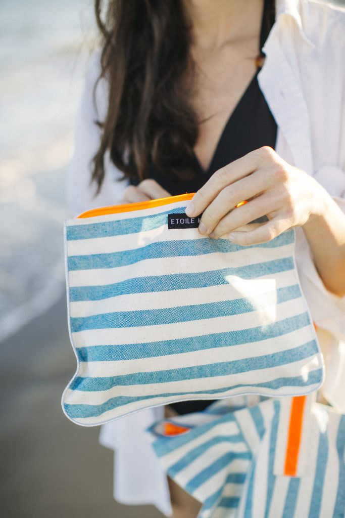 Turquoise and fluorine striped resin-coated linen beach bag