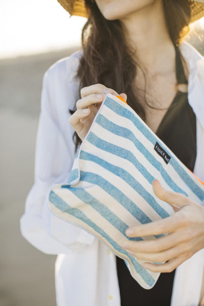 Turquoise and fluorine striped resin-coated linen beach bag