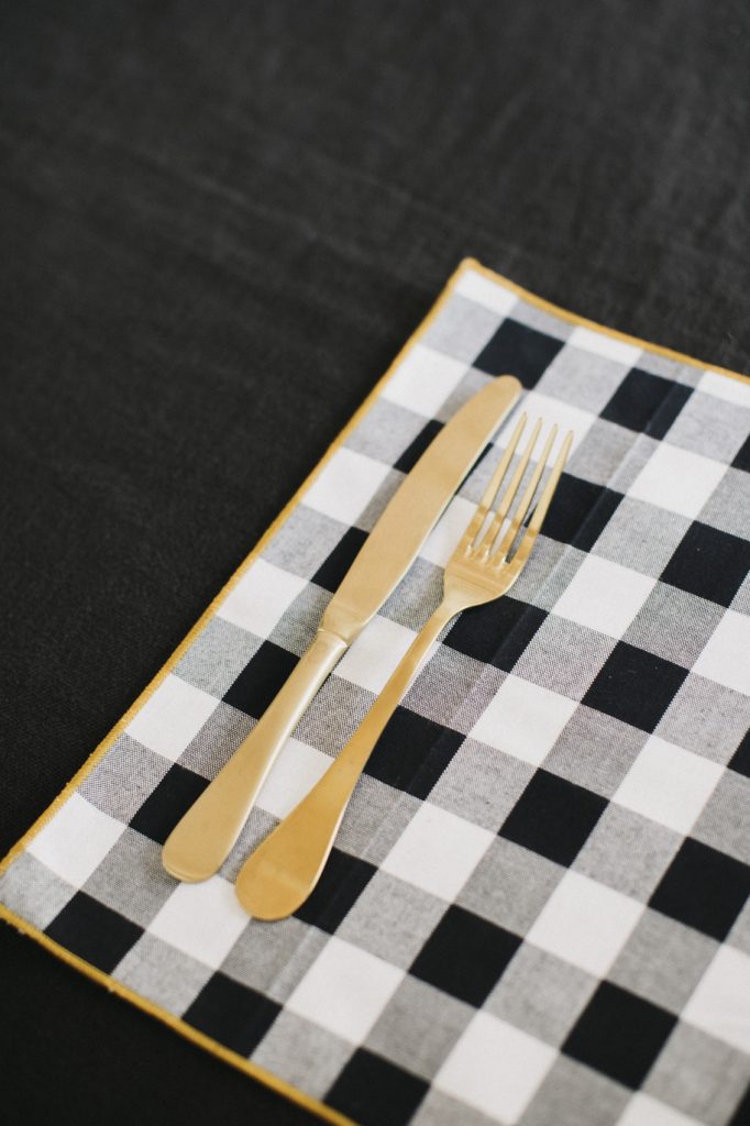 Black gingham print cotton placemat with mustard trim (2 units)