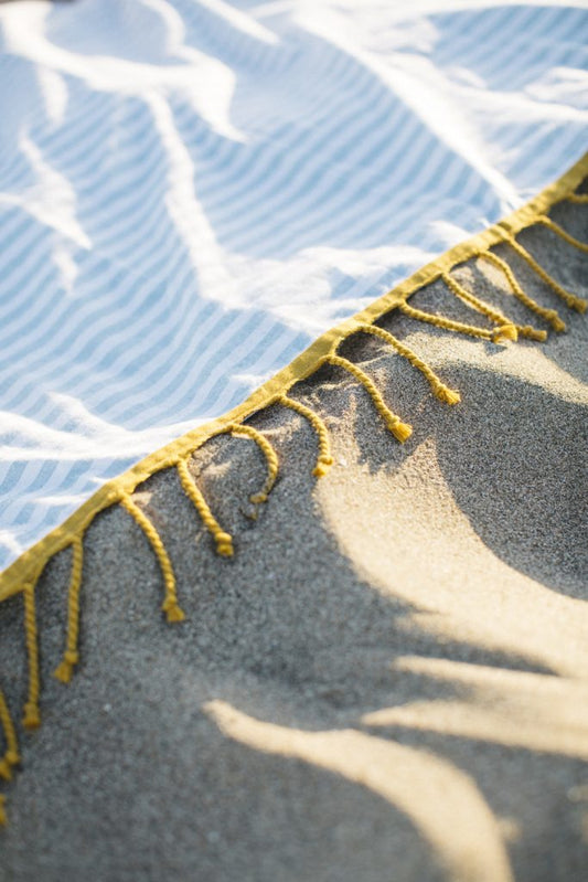 Cotton beach towel - aqua green and mustard fringes