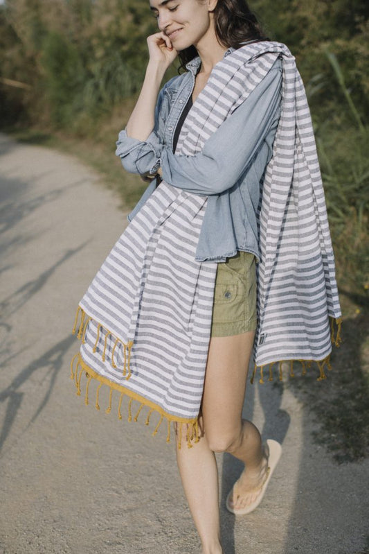 Cotton beach towel - gray stripes and mustard fringes