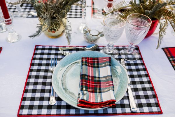 Stain-resistant resin-coated cotton placemat - Black gingham print and red trim - Medium square