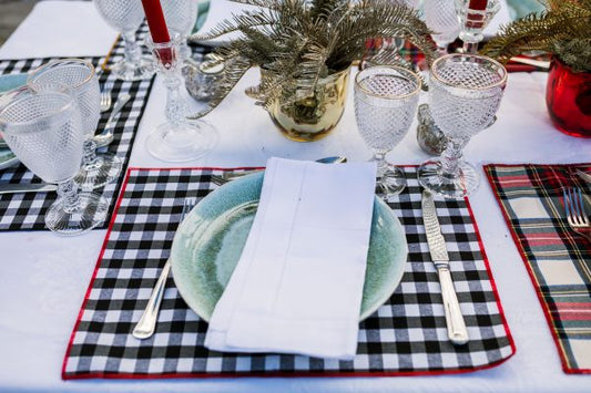 Stain-resistant resin-coated cotton placemat - Black gingham print and red trim - Medium square