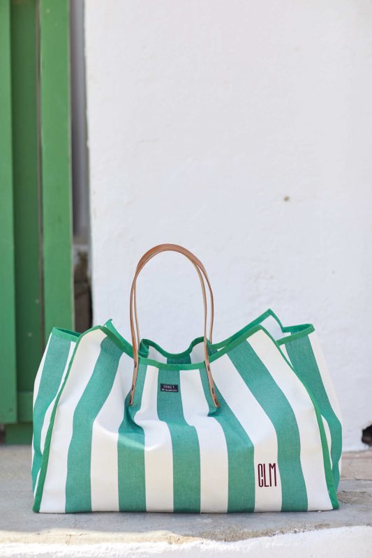 Bolsa de playa de algodón resinado rayas verde Cap Ferret