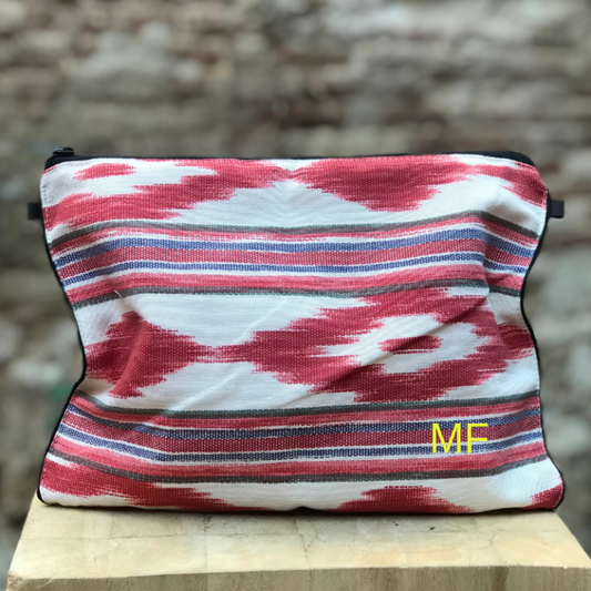 Red Mallorcan ikat fabric beach bag