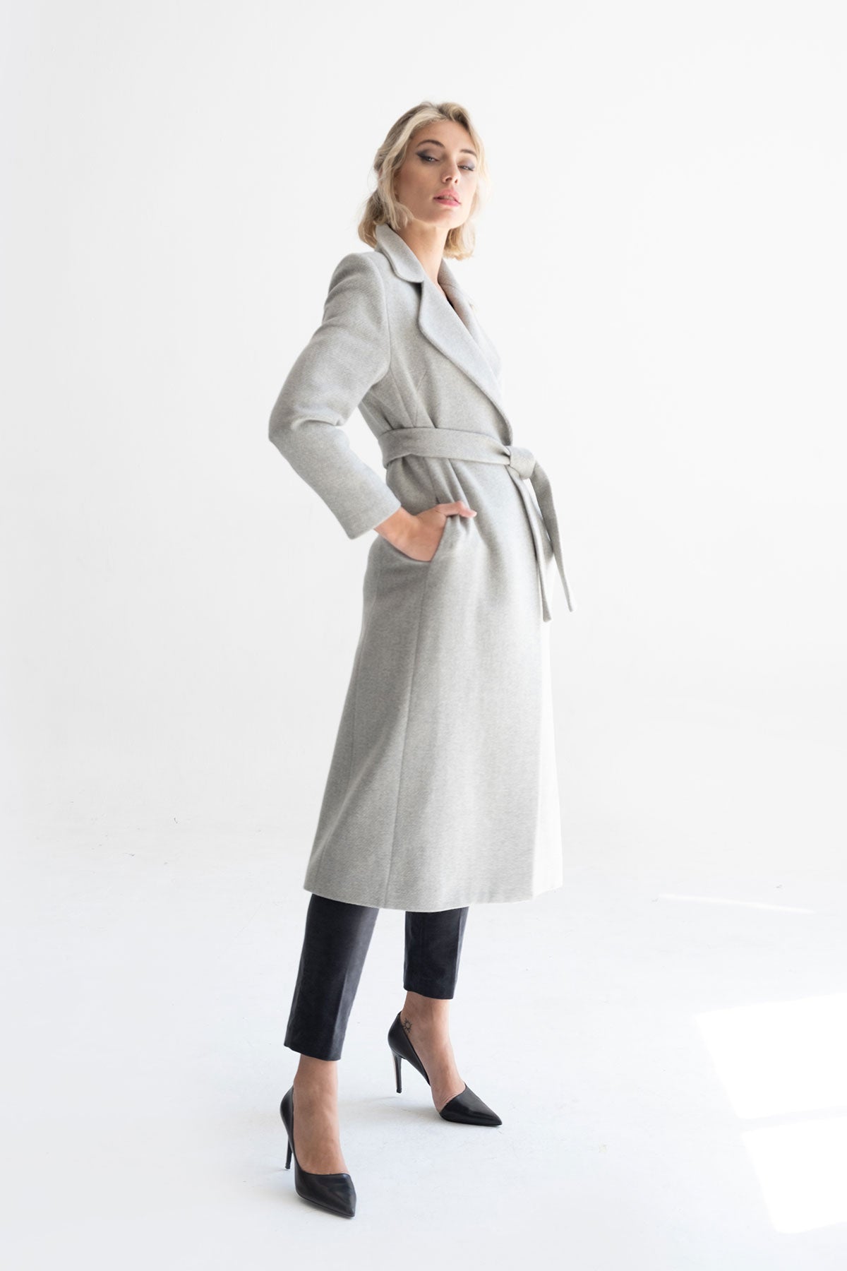 Gray recycled wool Shetland midi coat