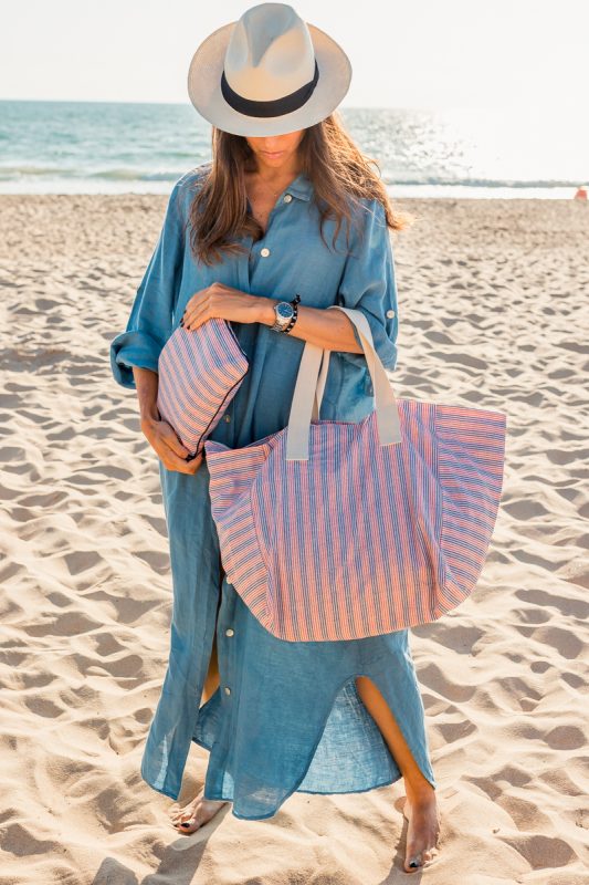 Resin-coated cotton beach bag - Red and blue stripes