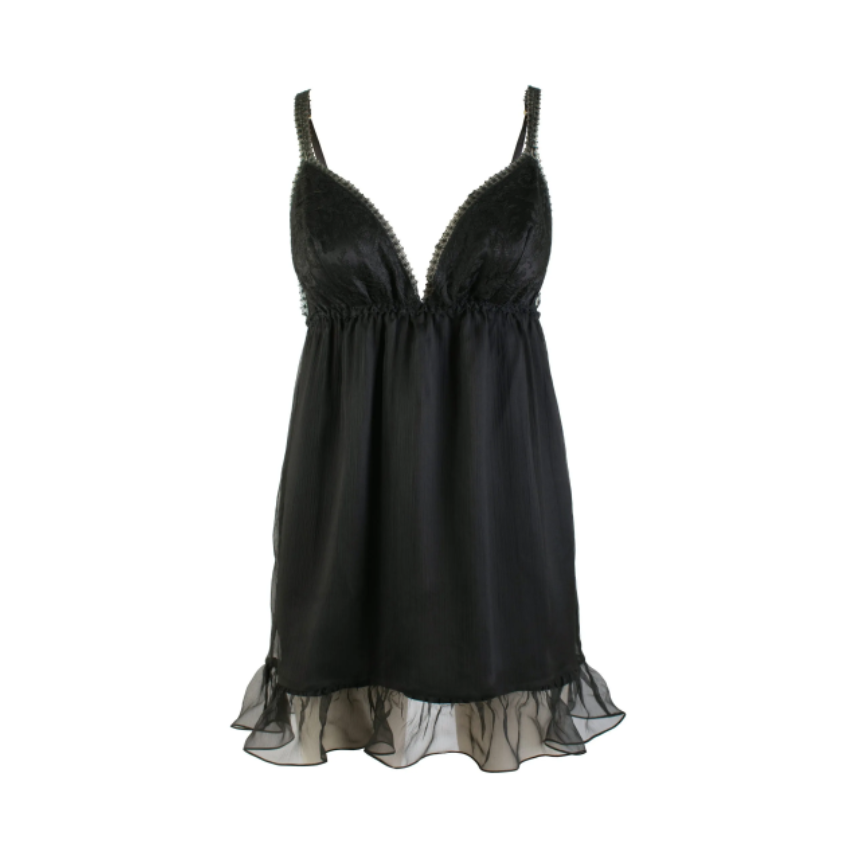 Black babydoll nightgown in chiffon, silk and chantilly lace