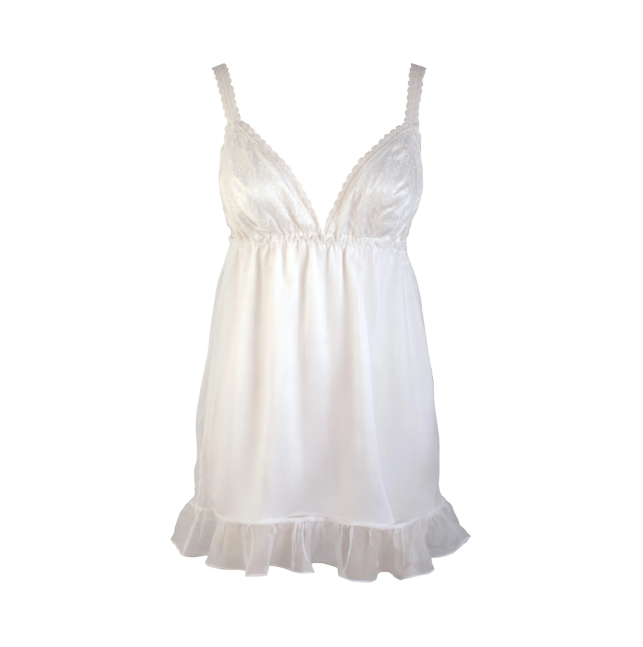 Camisón White babydoll in chiffon, silk and chantilly lace