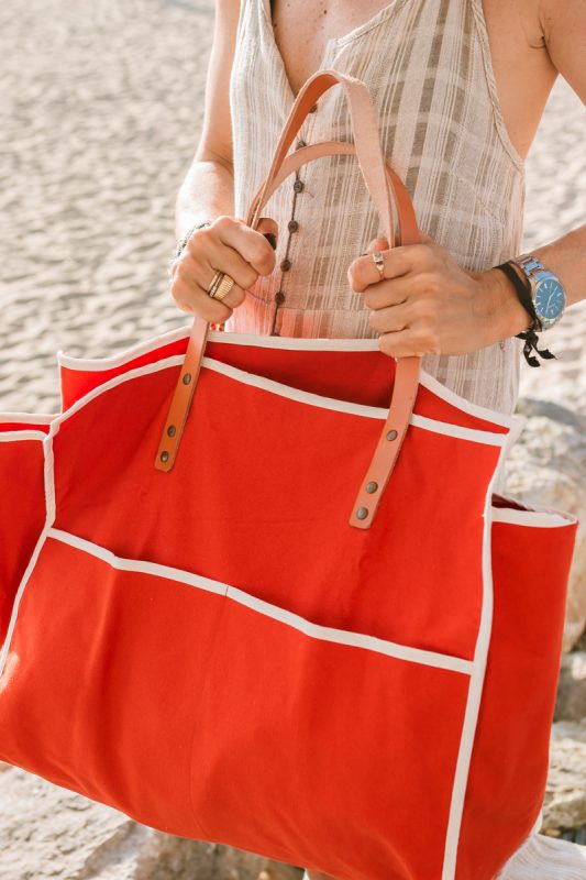 Cotton canvas bag with leather handles - Orange Caroline