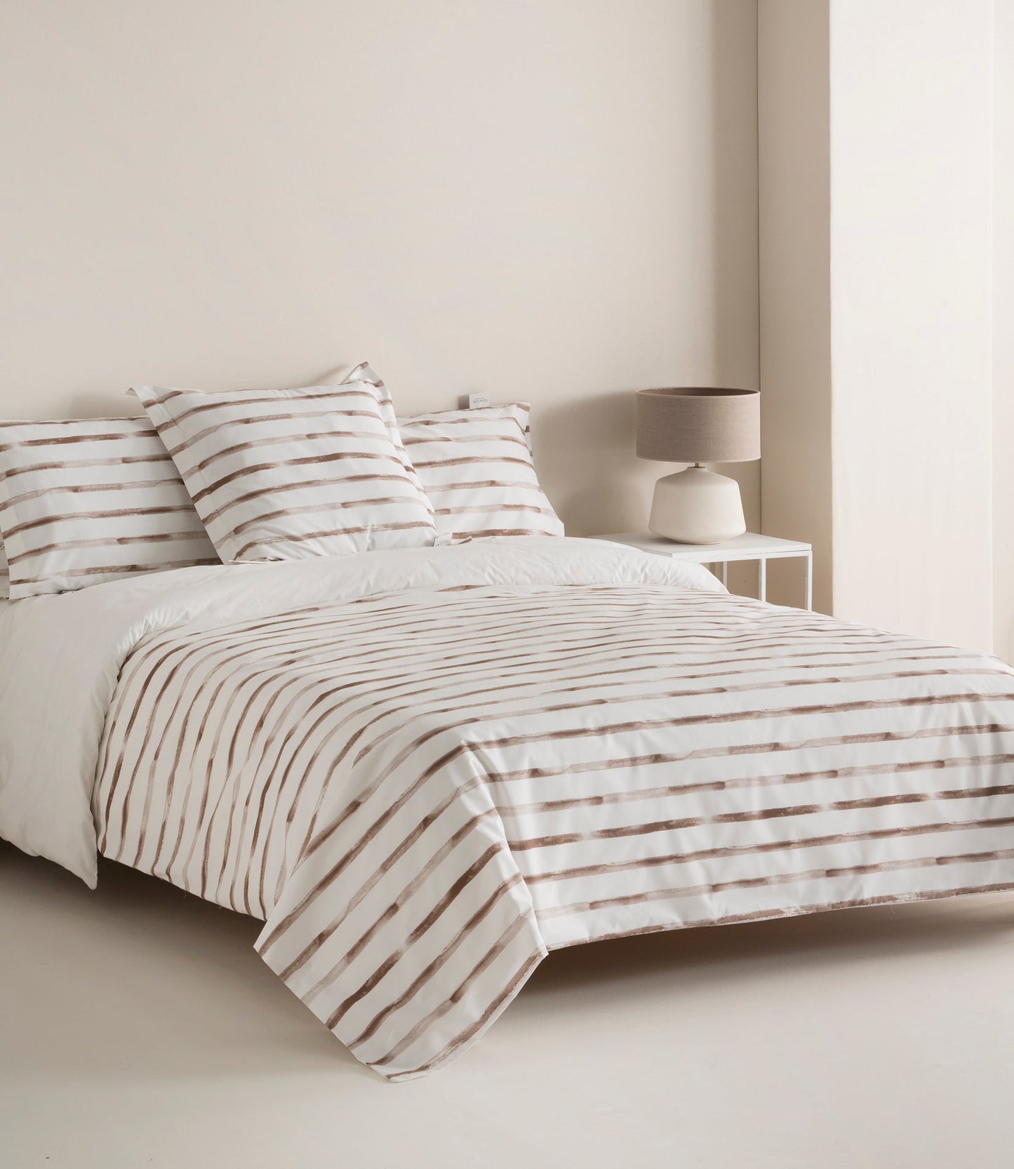 Reversible Percale Duvet Cover 200h Bed 200 - Beige Stripes