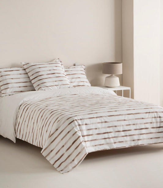 Reversible Percale Duvet Cover 200h Bed 150 - Beige Stripes