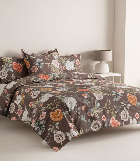 Reversible Percale Duvet Cover 200h Bed 150 - Brown Japanese Flowers