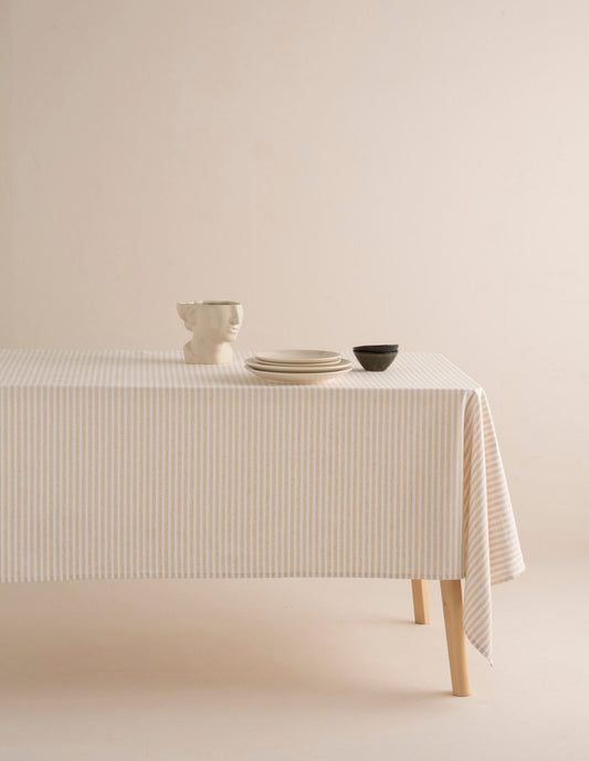 White and Beige Stain-Resistant Striped Tablecloth 140x140 - Hana Lole
