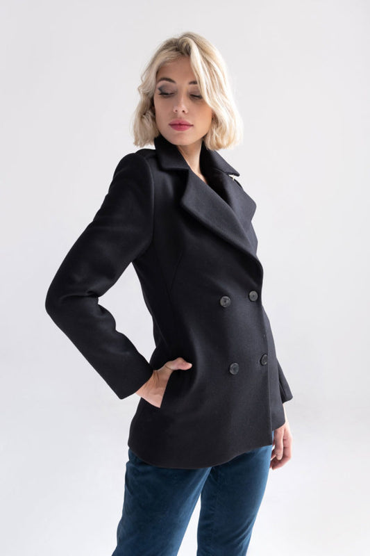 Black recycled wool double-breasted peacoat