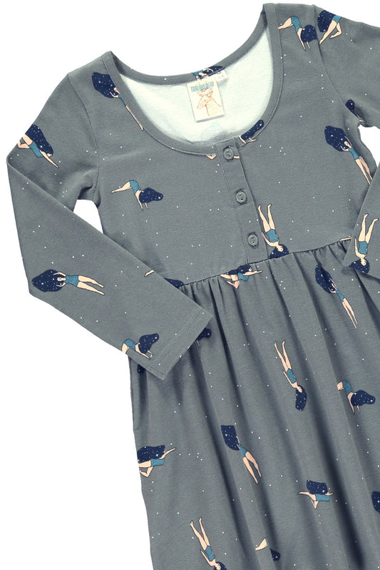 Gray "Classic" dress with "Dancing in the cosmos" print