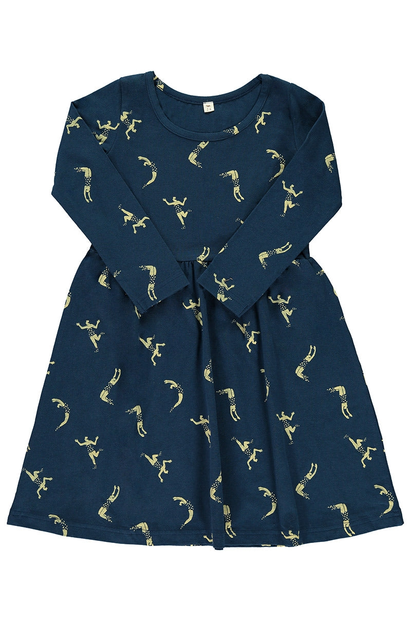 "Classic" navy blue dress with acrobats print