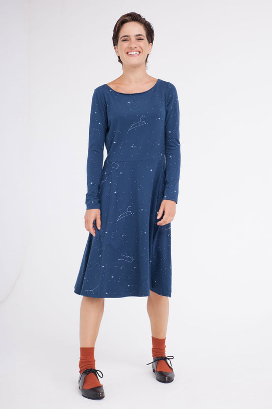 Corine dress with constellation print evasé skirt.